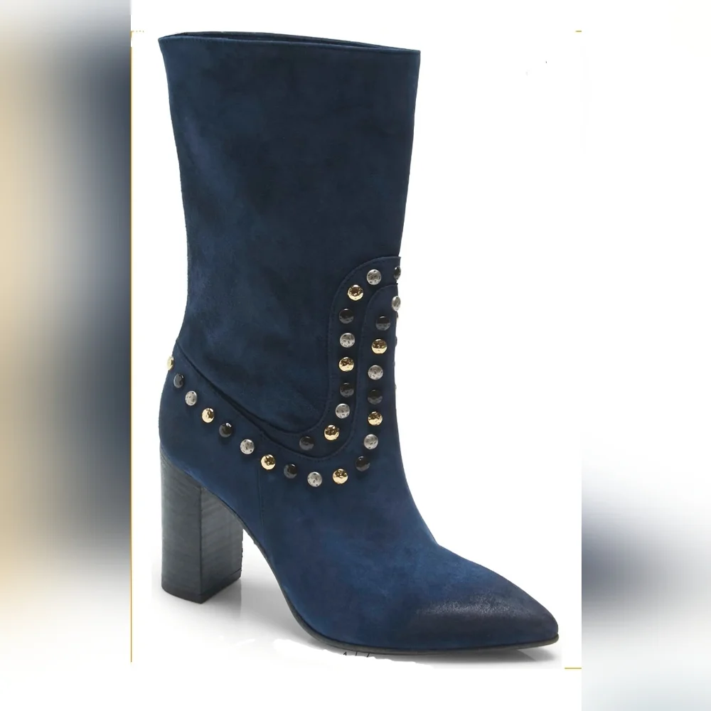 Western Chic Free People Blue Suede Studded Boots - Picture 6 of 8